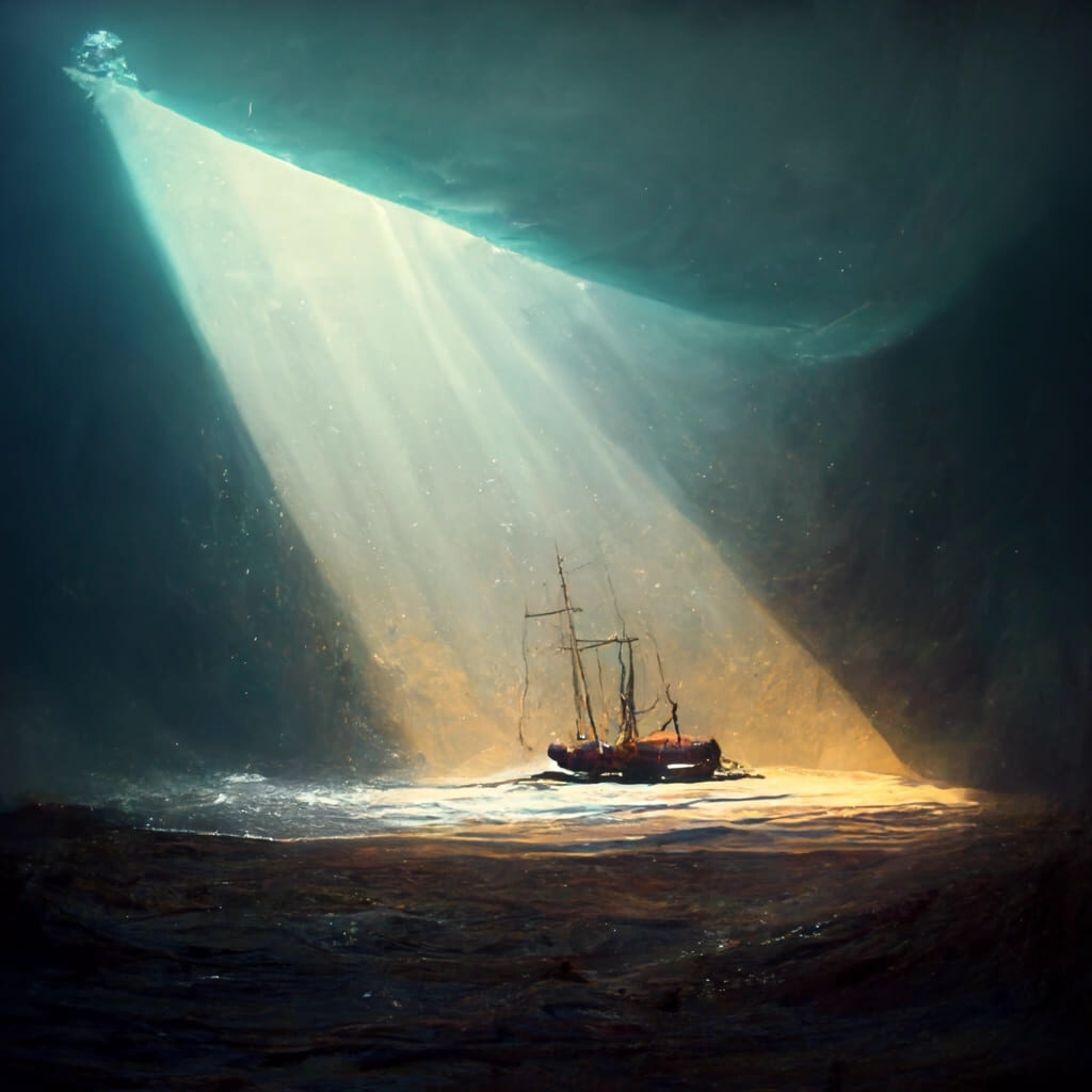 Evaristo Andreoli Seghetta - Foto di una nave con la chiglia incagliata, illuminata dalla luce - Poesia "La chiglia"